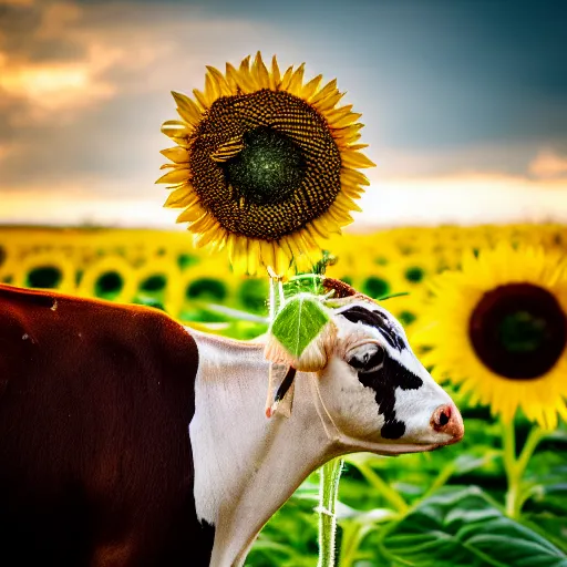 Image similar to spider sitting on a sunflower, cow in the background, depth of field, ultra realistic, cinema, sunset, photo