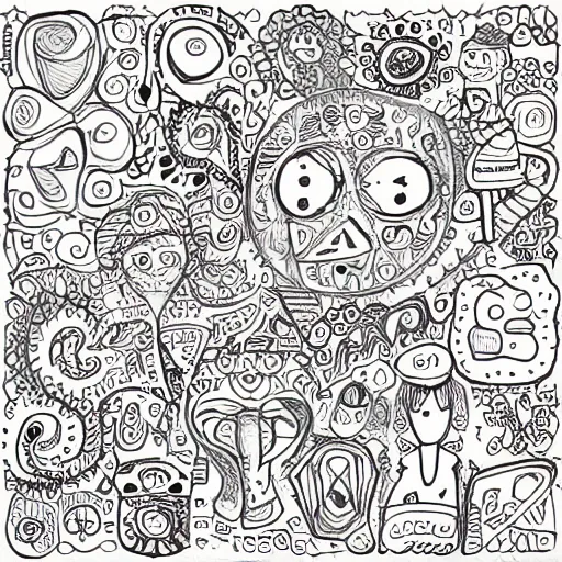 Image similar to doodle art, intricate, face doodles, random characters, white background