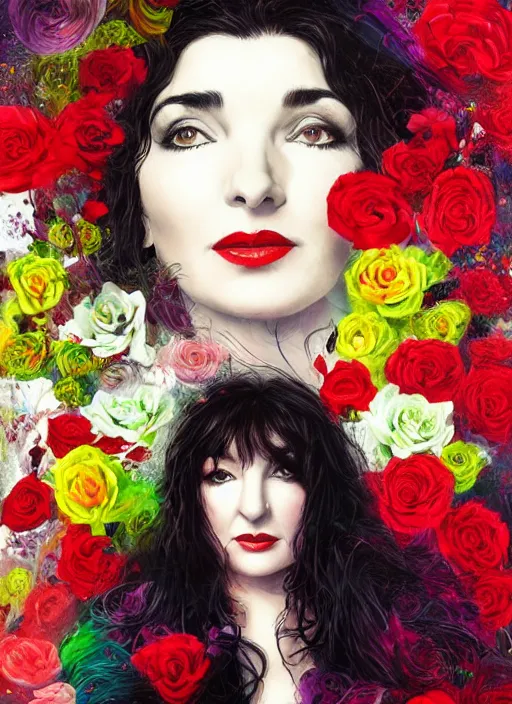 Prompt: portrait of kate bush against a neon multicolored background, lush black hair, pale skin, small white and red roses, flowing material, intricate, beautiful cinematic lighting, stunning painting by android jones, wadim kashin, annie leibovitz