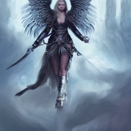 Image similar to portrait of young aasimar angel valkyrie warrior girl maiden wearing comfy leather armor with beautiful feathered angel wings, blue eyes, Chloe Moretz, Natalie Portman, Emily Ratajkowski, innocent, intricate, elegant, highly detailed, ultradetailed, hyperdetailed, artstation, concept art, smooth, sharp focus, illustration, art by artgerm and greg rutkowski and Rossdraws and Bluesssatan and Mandy Jurgens