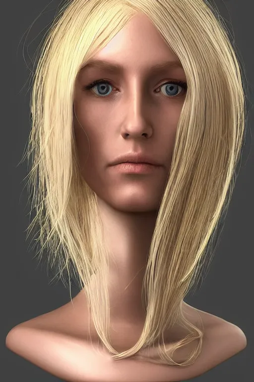 Image similar to robot with human face, female head, bust, woman human face, human face realistic, human head, human head with blonde hair, blonde hair human head, blonde hair, human realistic face, human head skin, cyborg frame concept, cyborg by ales-kotnik, sci-fi android female, the body is made of wires, robotic body, cyborg body, cyborg bust body, robot body cyborg