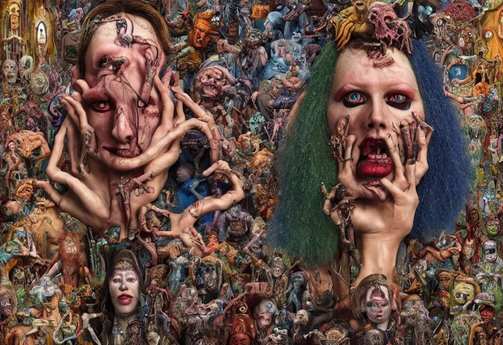 Prompt: 35mm color, humans enslaved by artificial intelligence, portrait, fashion shoot, freak show, weird, random, strange, hyper detailed, photorealistic, interesting, by David la chapelle and karol bak and david cronenberg and WETA digital, art by Ivan Bilibin, Dariusz Zawadzki , ID magazine, octane rendering, cinematic, hyperrealism, octane rendering, 8k, depth of field, bokeh.