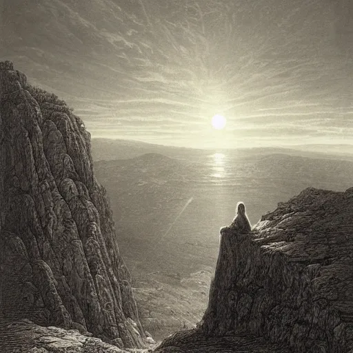 Prompt: A lonely woman looks down from a huge cliff, mountains, gorgeous view, velly distant forest, distant city, distant glow, night, sunset, dramatic light, Chiaroscuro, long shadows, dark, masterpiece, high detail, detailed, illustration by Paul Gustave Doré