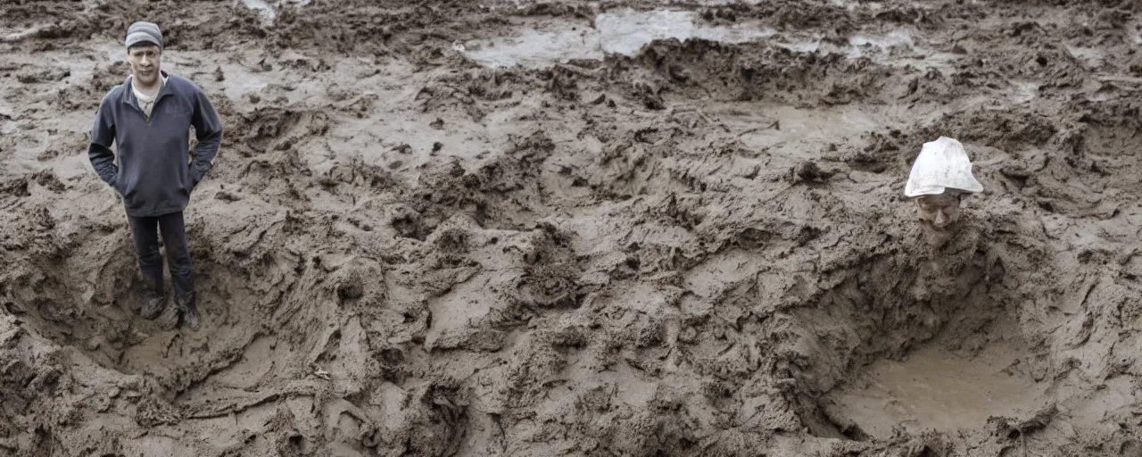 Image similar to a man standing in a muddy pit that is 8 feet deep