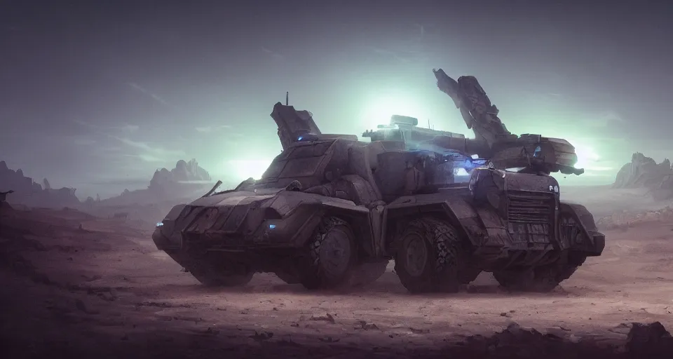 Image similar to an image of an armored vehicle in the night desert with big weapon on by Paul Chadeisson, atmospheric, planet landscape, concept art, high detail, intimidating , cinematic, Sci-fi, blue headlights, Artstation trending, octane render