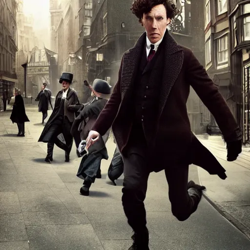 Prompt: [UHD candid photo of Sherlock Holmes running down the streets of futuristic steampunk London, correct face, accurate details, graphic detail, sharp focus by Annie Leibowitz]