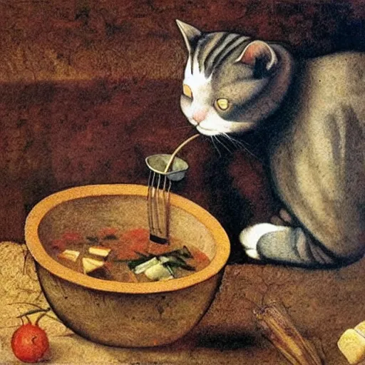 Prompt: the cat cooks soup, stirring a pot with a ladle and cutting vegetables, oil painting, drawn by Leonardo Da Vinci