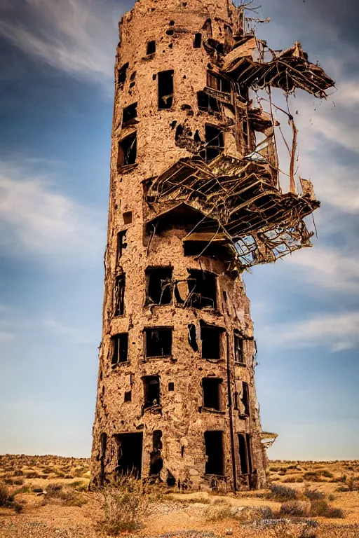 Image similar to an old decaying tower in the middle of a vast desert, fantasy, hyper realistic, atmospheric lighting, Mary Anne, Ginger, Genie 8k,