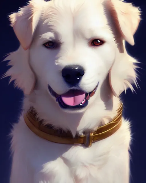 Image similar to character concept art of an anime white golden retriver | | cute - face, fine details by stanley artgerm lau, wlop, rossdraws, james jean, andrei riabovitchev, marc simonetti, and sakimichan, tranding on artstation