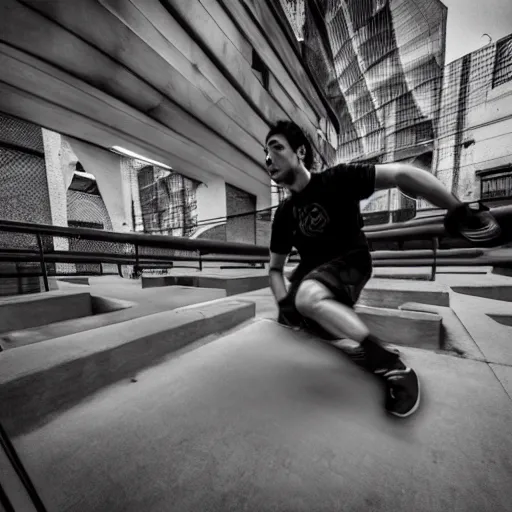 Prompt: Photo from a parkour player's point of view, motion blur