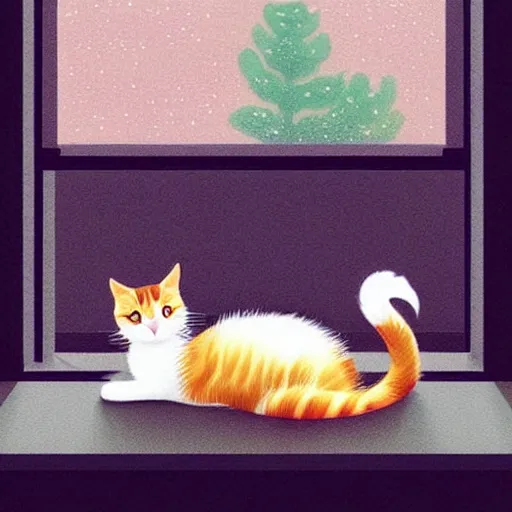 Image similar to two cute multi - colored calico cats sleeping inside a cozy home in the evening, stars shining in the night sky through the window,, artstation, cgsociety, storybook art