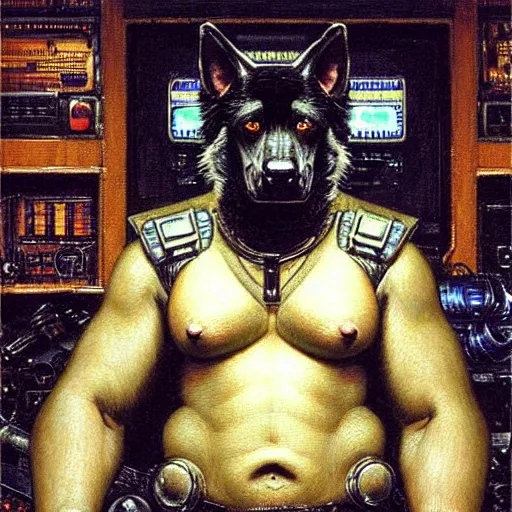 Image similar to a portrait of a black german shepard orc dogman canine neuromancer with human eyes serious looking holding computer console. shadowrun cyberpunk fantasy d & d fallout 1 9 9 8 highly detailed painting by gaston bussiere craig mullins jc leyendecker gustav klimt artgerm greg rutkowski