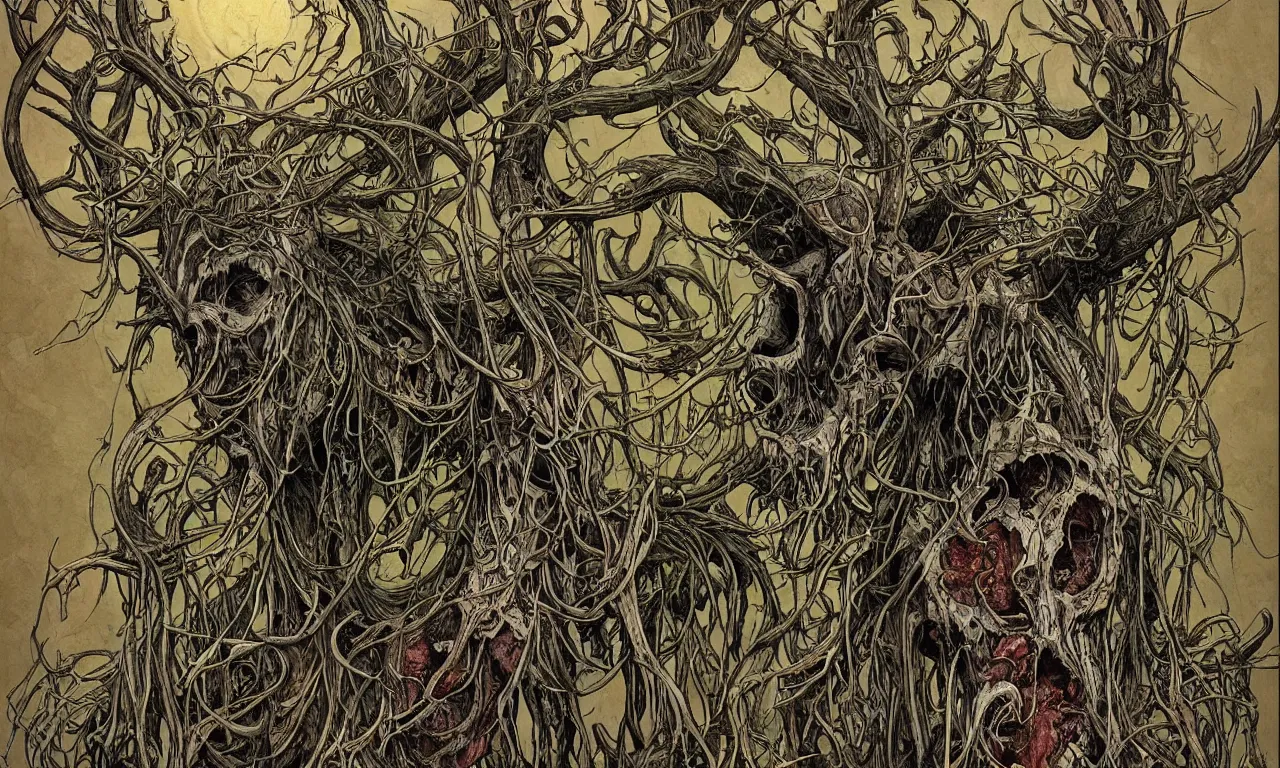 Image similar to hyperdetailed art nouveau portrait of treebeard as a cthulhu eyeball moose skull wendigo cryptid monster, by geof darrow, simon bisley and bill sienkiewicz, grim yet sparkling atmosphere, photorealism, claws, skeleton, antlers, fangs, forest, wild, bizarre, scary, lynn varley, lovern kindzierski, steve oliff