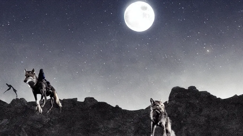 Image similar to epic cinematic shot of david bowie riding a (wolf) at night on a cliff with the moon in the background;