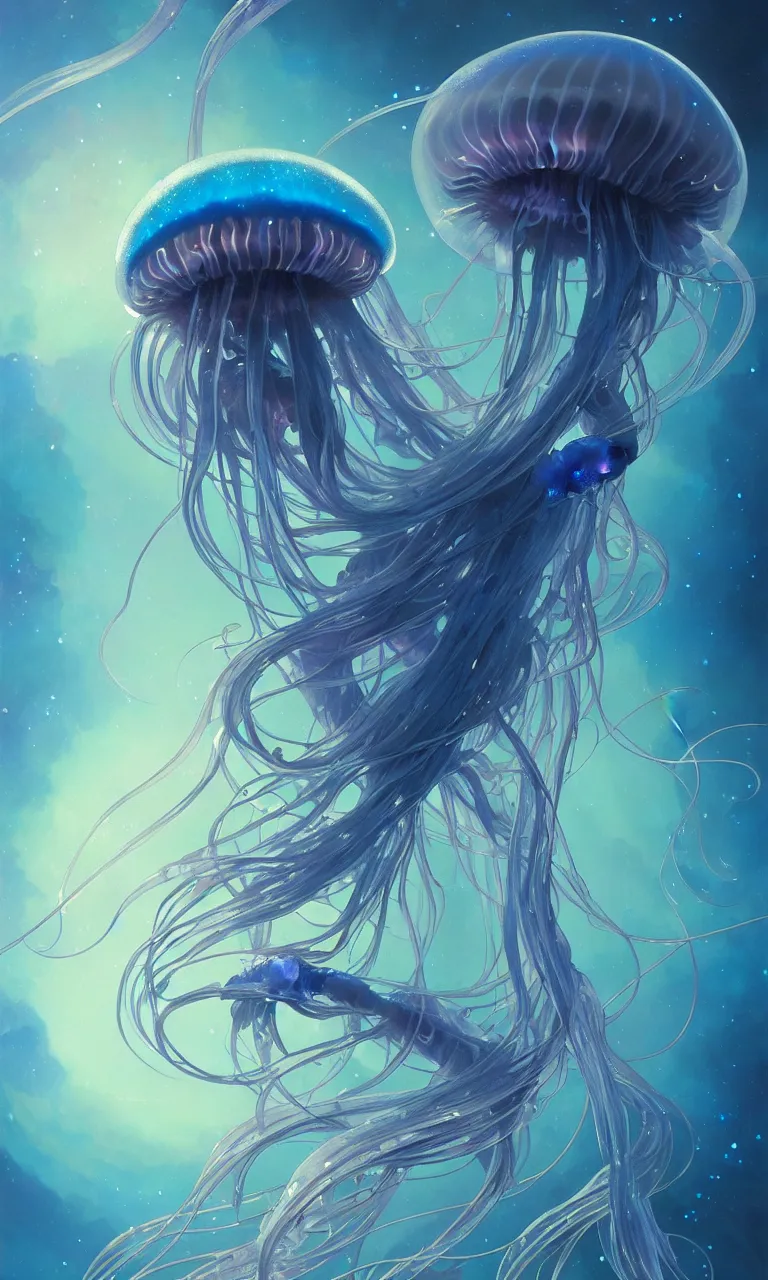 Image similar to detailed jellyfish in space, blue tones, underwater, full frame, highly detailed, digital painting, artstation, concept art, smooth, sharp focus, illustration, art greg rutkowski and alphonse mucha