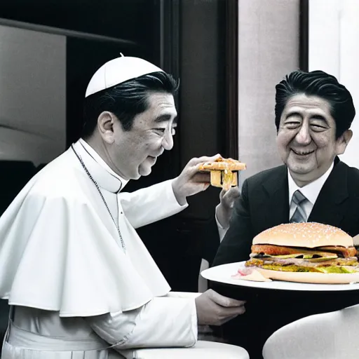 Prompt: the pope eating hambugers with prime minister shinzo abe, photo by slim aarons, award winning