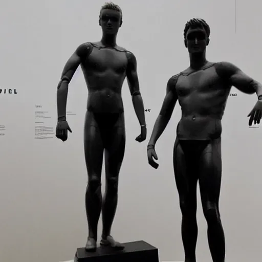 Image similar to “a realistic detailed photo of a guy who is an attractive humanoid who is half robot and half humanoid, who is a male android, British diver Jack Laugher & Chris Mears, shiny skin, posing like a statue, blank stare, at the museum, on display”