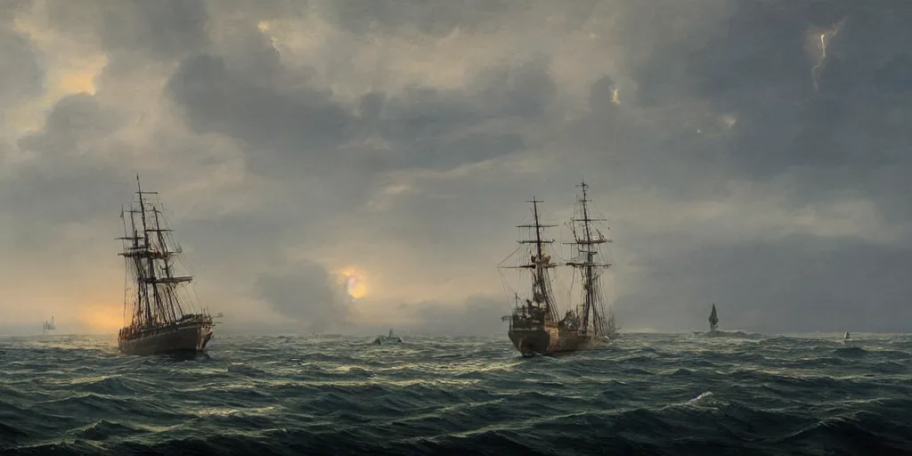 Image similar to Portrait of a 20th century frigate alone at sea with an island in the background, highly detailed, cinematic lighting, digital art, painting by aivasovsky