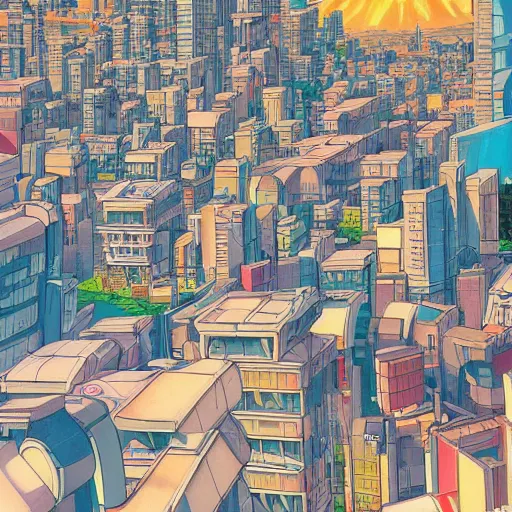 Prompt: futuristic city on a mountainside, red - yellow - blue buildings, city, city on mountainside, clouds around buildings, cel - shaded, raytracing, cel - shading, toon - shading, 2 0 0 1 anime, flcl, jet set radio future, drawn by artgerm