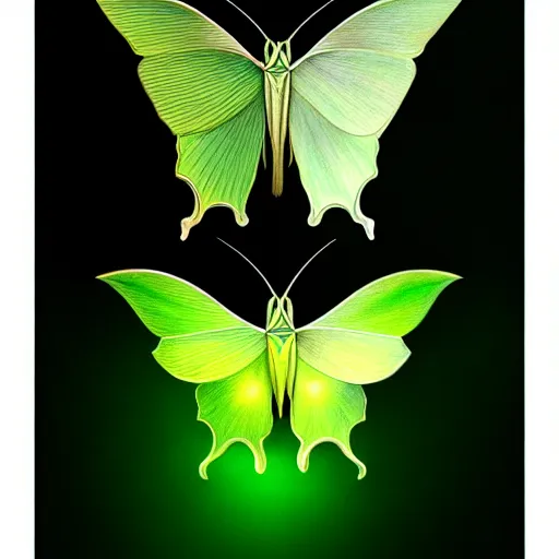 Image similar to luna moths backlit, uniquely beautiful, fantasy, intricate, elegant, dramatic lighting, emotionally evoking symbolic metaphor, highly detailed, lifelike, photorealistic, digital painting, artstation, concept art, smooth, sharp focus, illustration, art by John Collier and Albert Aublet and Krenz Cushart and Artem Demura and Alphonse Mucha