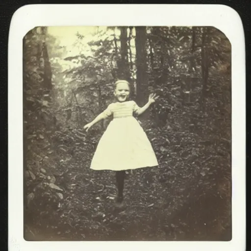 Image similar to Polaroid photo of Victorian child with a wide grin floating ten feet above the ground in a thick forest