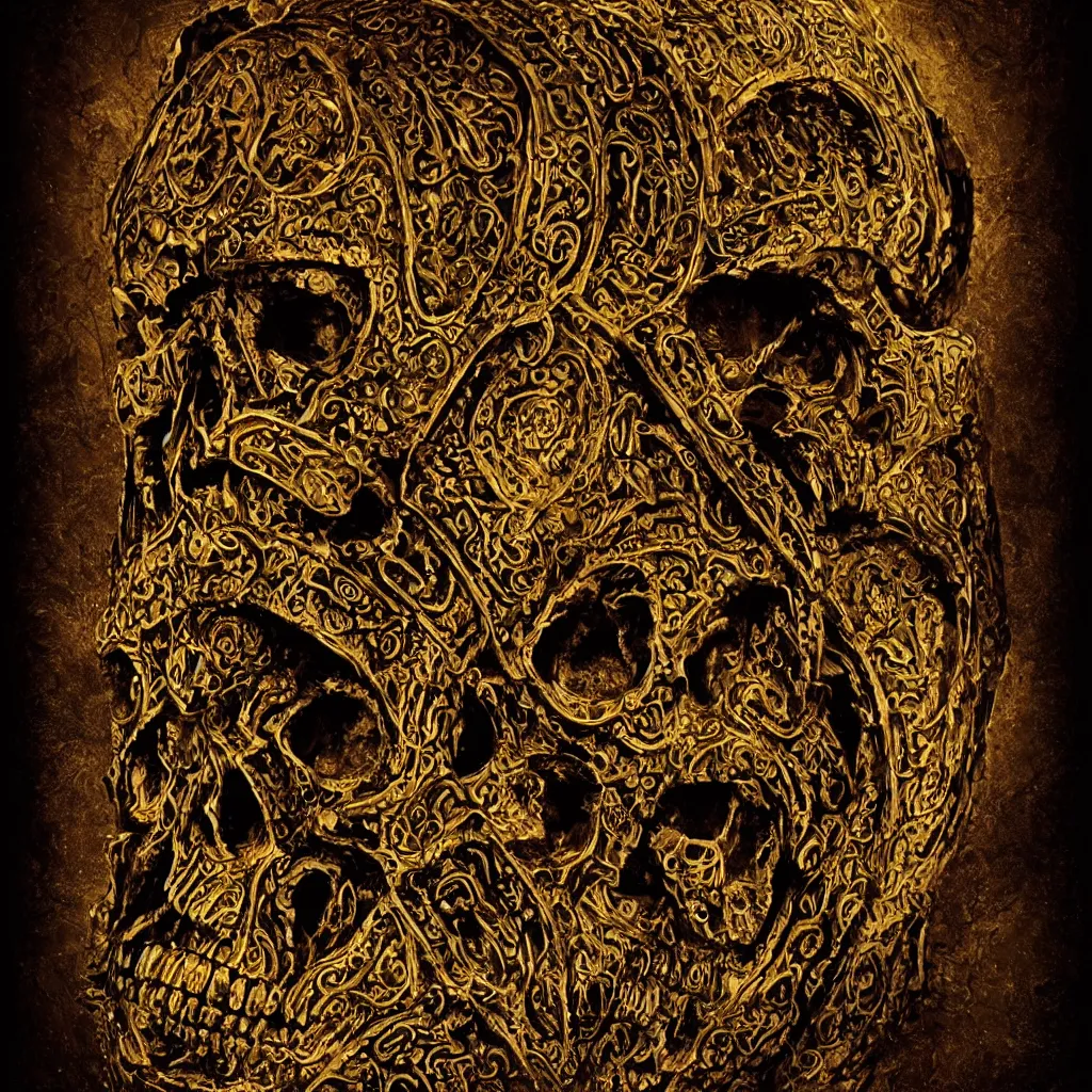 Image similar to ominous chiaroscuro baroque still life poster of a lonely golden runic skull intricately decorated with ancient runic inscriptions and prophecy engravings. dramatic ray of light, ultra detailed, unreal engine 5 by elden ring, billelis, ominous dark background. weirdcore ( lord of the rings : the return of the king 2 0 0 3 )