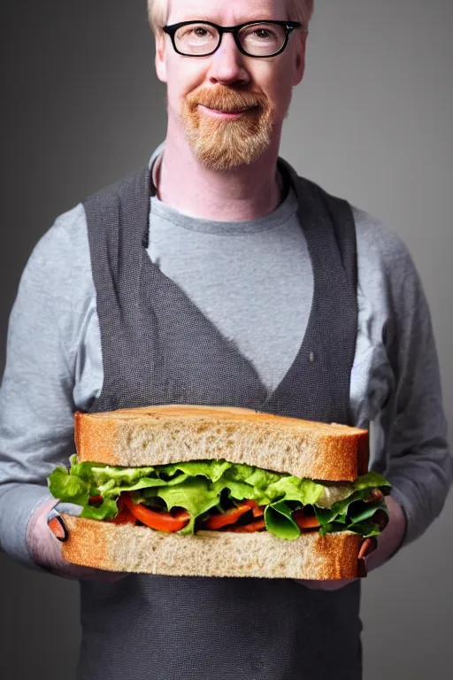 Image similar to 📷 portrait of adam savage the sandwich, made of food, still image, dynamic lighting, 4 k