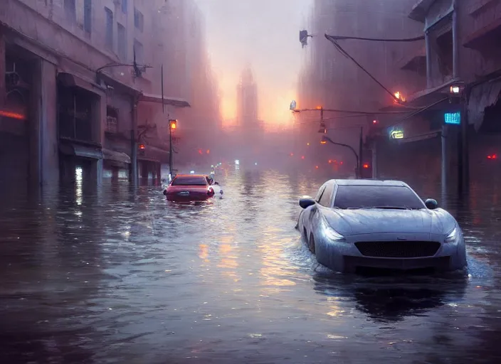 Image similar to cars driving through shallow water, flooded city, people walking through shallow water, muted colors, hyperrealistic, oil painting, intricate, cgsociety, artstation, 8 k, cinematic, soft lighting, by greg rutkowski, by wlop, by artgerm