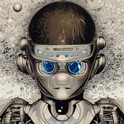 Prompt: portrait closeup of robotic kid, symmetrical, by yoichi hatakenaka, masamune shirow, josan gonzales and dan mumford, ayami kojima, takato yamamoto, barclay shaw, karol bak, yukito kishiro