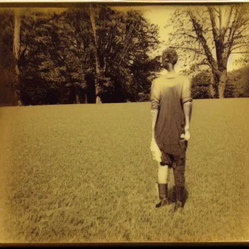 Image similar to polaroid photo of an empty field with a figure with long limbs standing in the far distance
