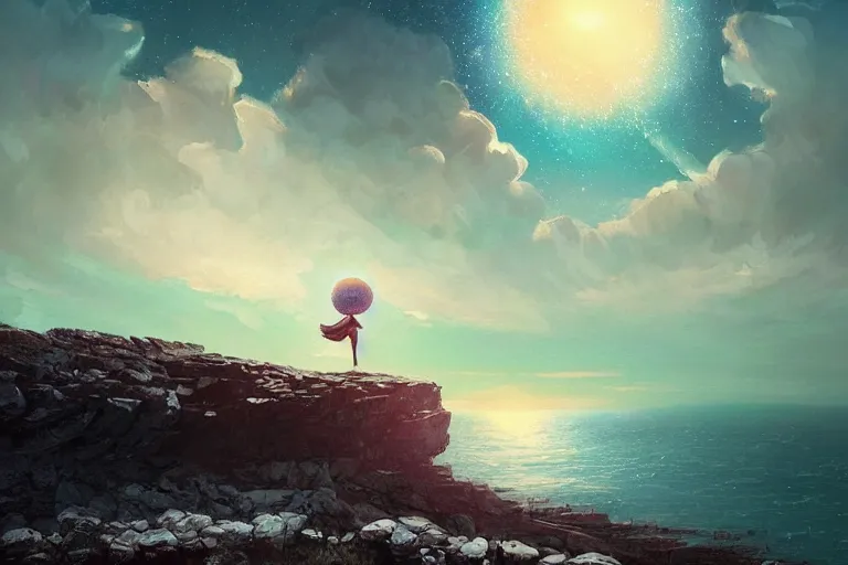 Image similar to giant white daisy flower over head, girl standing on rocky cliff, surreal photography, solar eclipse, milky way, dramatic light, impressionist painting, colorful clouds, digital painting, artstation, james gilleard, liam wong, jeremy mann, simon stalenhag