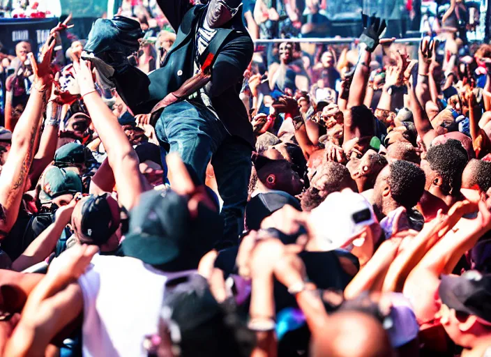 Image similar to photo still of wesley snipes as simon phoenix on stage at vans warped tour!!!!!!!! at age 3 3 years old 3 3 years of age!!!!!!!! stage diving into the crowd, 8 k, 8 5 mm f 1. 8, studio lighting, rim light, right side key light