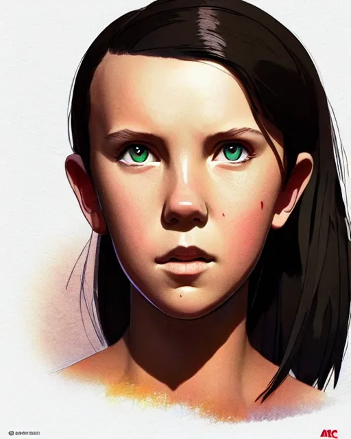 Image similar to millie bobby brown as an azctec warrior, detailed perfect face, exquisite details, fire magic, mid view, design on a white background, by studio muti, greg rutkowski makoto shinkai takashi takeuchi studio ghibli