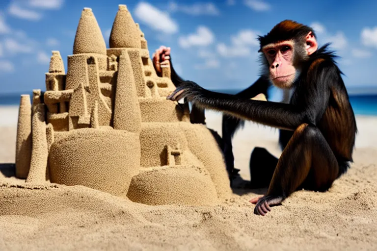 Image similar to a monkey touching a completed sand castle