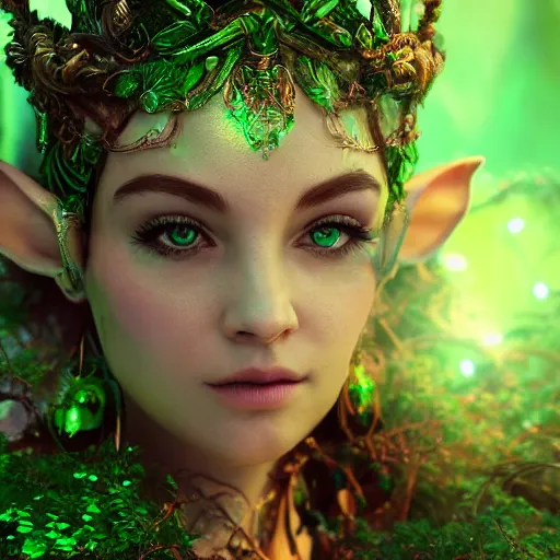 Prompt: portrait elf of the forest, glowing, ornate and intricate green jewelry, jaw dropping beauty, glowing background lighting, green accent lighting, hyper detailed, fairy tale, 4 k octane render