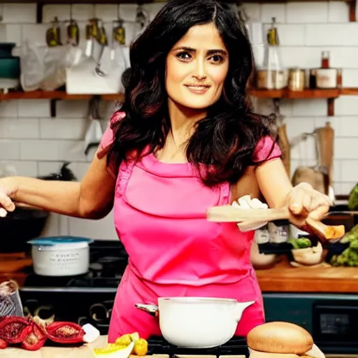 Image similar to salma hayek posing for a cooking show with food, in a kitchen