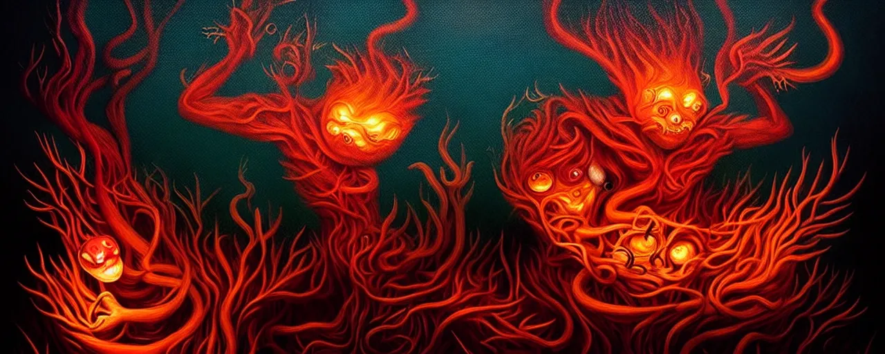 Image similar to whimsical!!!!!!!!!!!! fiery alchemical creatures, surreal dark uncanny painting by ronny khalil
