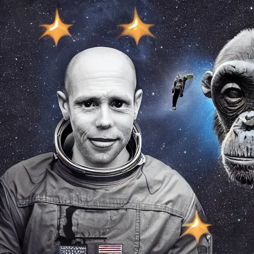 Image similar to double exposure portrait split in the middle, showcasing one astronaut and one chimpanzee in a suit posing with space in the background, pencil art, stars, sharpness, golden ratio