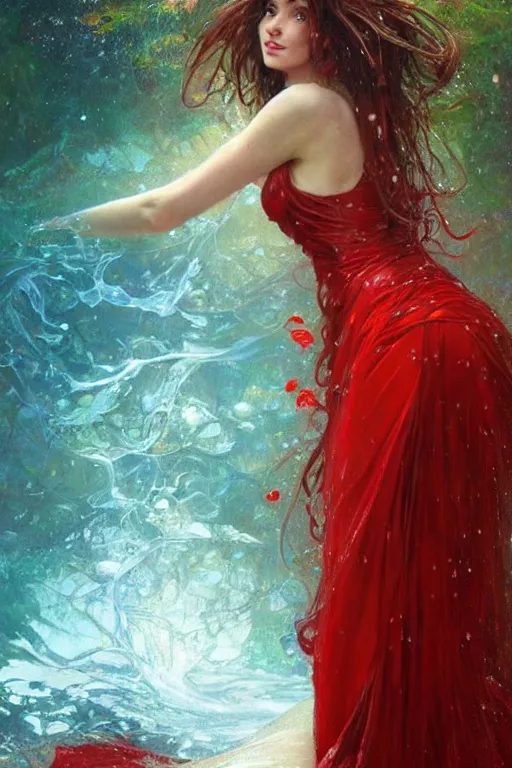 Prompt: portrait of a beautiful woman wearing a red dress, drenched body, wet dripping hair, emerging from the water, fantasy, regal, fractal crystal, fractal gems, by stanley artgerm lau, greg rutkowski, thomas kindkade, alphonse mucha, loish, norman rockwell ross tran