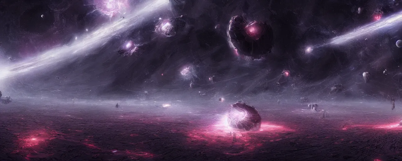 Image similar to dark galaxy panorama in space by wayne barlowe, realistic lighting, dynamic lighting, octane render