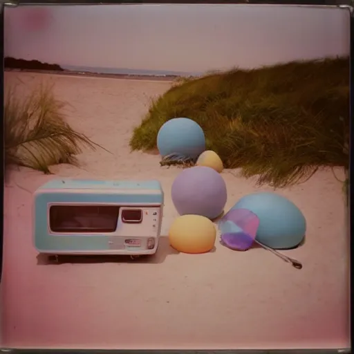 Image similar to a pastel colour high fidelity Polaroid art photo from a holiday album at a seaside with abstract inflatable parachute furniture, all objects made of transparent iridescent Perspex and metallic silver, no people, iridescence, nostalgic