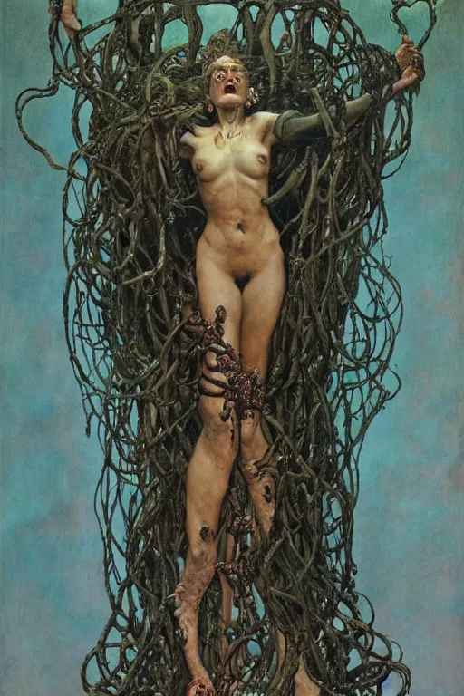 Image similar to full length portrait of insane medusa, dynamic, painted by lawrence alma tadema, zdzislaw beksinski, norman rockwell, jack kirby, tom lovell, alex malveda, greg staples, hand of fear, bbc, tv