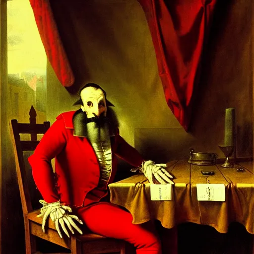 Image similar to a plotting man in a red jester suit sitting in a wooden chair near a table covered with cloth. the room is dimly lit. art style of Jan Matejko, ominous, realistic, highly detailed