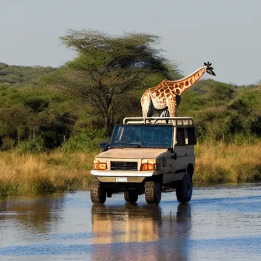 Image similar to a giraffe driving a safari car in south africa watching humans gathering in a giant river