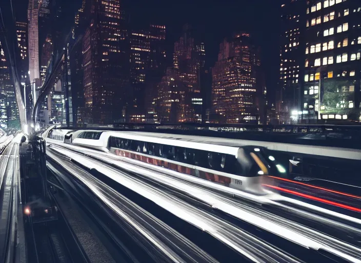 Prompt: futuristic metro train drives on bridge over busy nyc street full of cars at night, cinematic lighting, still photo