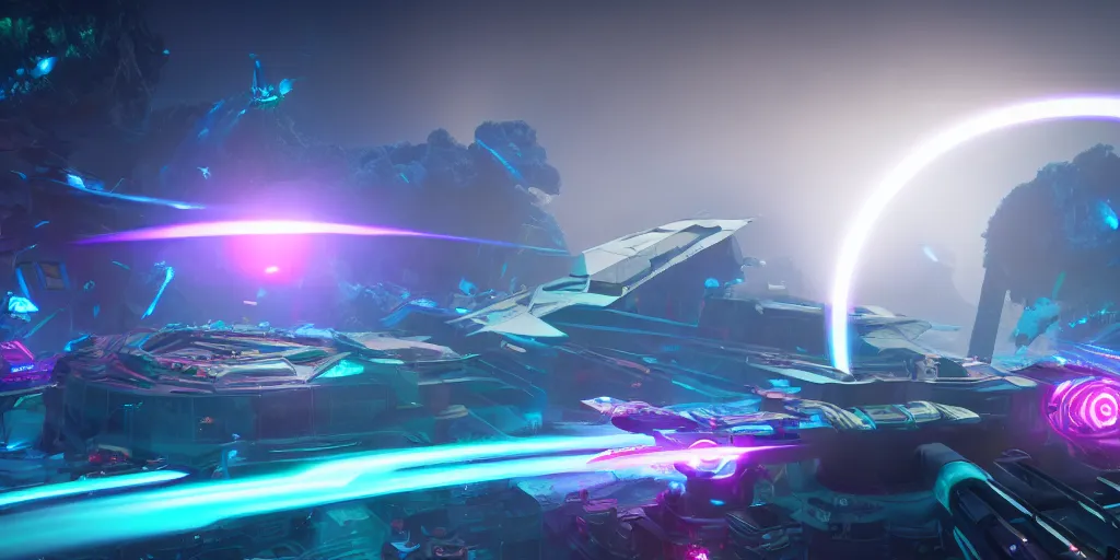 Image similar to screenshot of the videogame tempest, vector, axure sky, neon glow, lens flare, 8 k, unreal engine