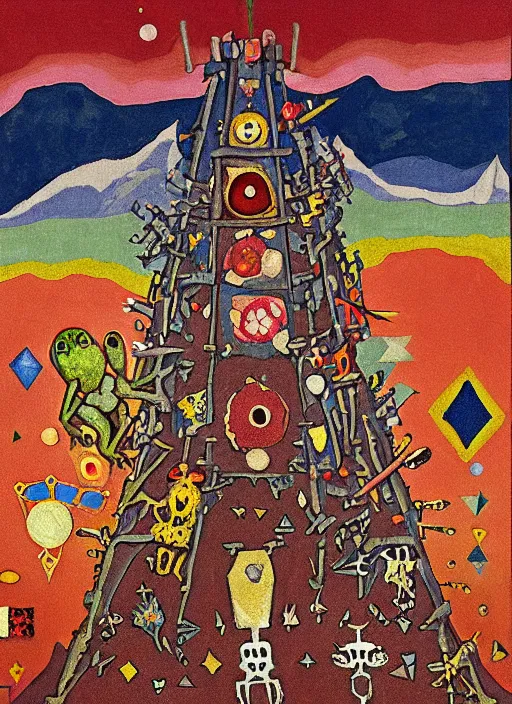 Image similar to pixel decollage painting tarot lovers card composition tower of babel road red armor maggot bear and wonky alien frog skeleton knight on a horse in a dark red cloudy night sky with golden foil jewish stars, occult symbols and diamonds, mountain lake and blossoming field in background, painted by Mark Rothko, Helen Frankenthaler, Danny Fox and Hilma af Klint, pixelated, neo expressionism, semi naive, pastel colors, cinematic, color field painting, cave painting, voxel, pop art look, outsider art, minimalistic. Bill Traylor painting, part by Philip Guston and Francis Bacon. art by Adrian Ghenie, very coherent symmetrical artwork, cinematic, hyper realism, high detail, octane render, unreal engine, Smooth gradients, depth of field, full body character drawing, extremely detailed, 8k, extreme detail, intricate detail, masterpiece