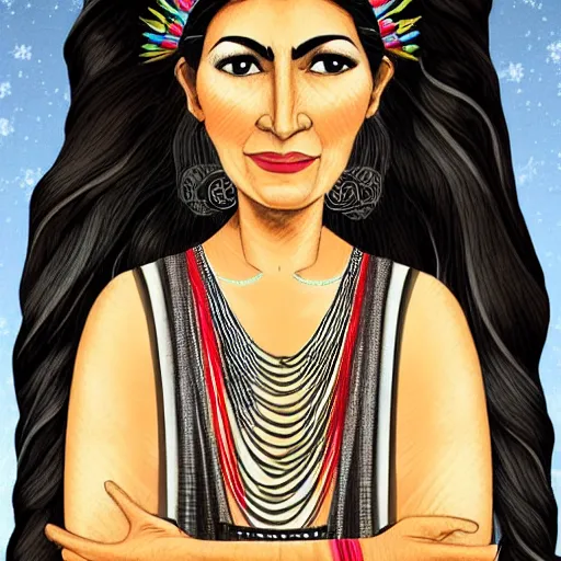 Image similar to beautiful illustration of a mexican woman of 4 0 years old, with curly black and silver hair, the woman has beautiful black eyes, her skin is light brown, she is dressed in shaman clothes, in the style of diego rivera