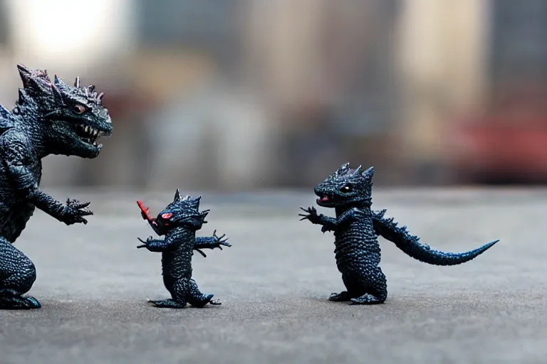 Image similar to film still of tiny godzilla fighting in a little model of new york city in the new godzilla ant man crossover movie, macro lens