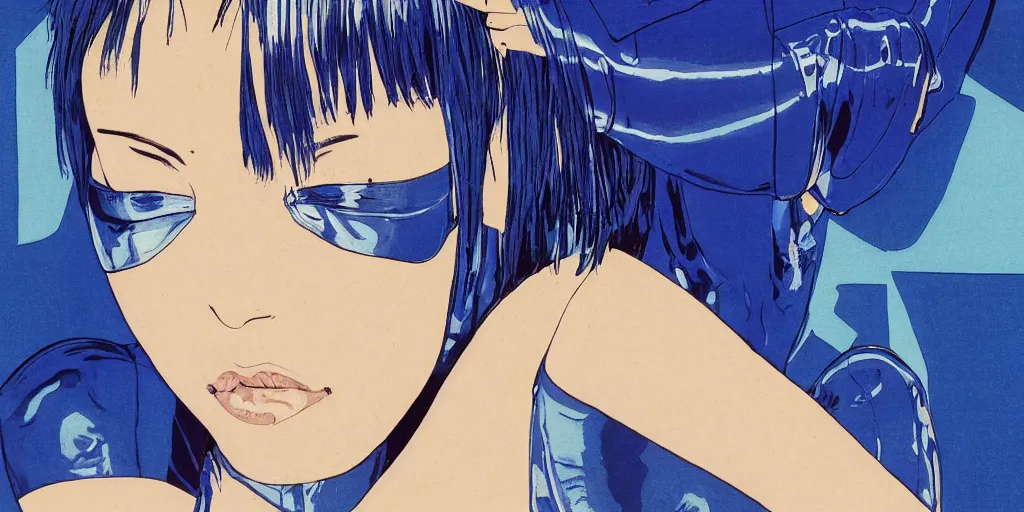 Image similar to a close - up grainy risograph painting of cyberpunk japanese model girl with black eyes and pretty face wearing latex catsuit and lots of transparent and cellophane accessories, blue hour, twilight, by moebius and lehr paul